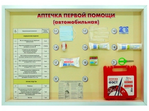 Стенд "Аптечка первой помощи (автомобильная)" (образцы под оргстеклом) - fgospostavki.ru - Сергиев Посад